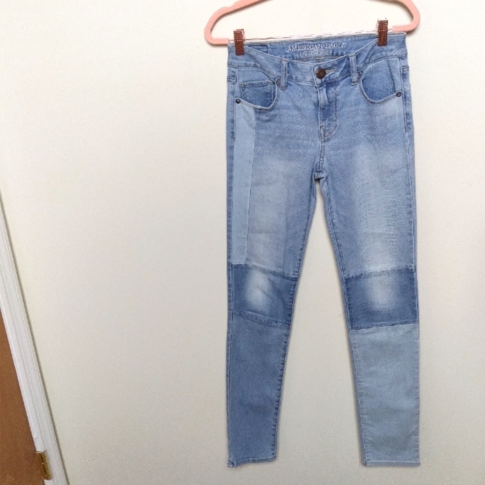 American Eagle Light Wash Patchwork Skinny Jeans Size 0